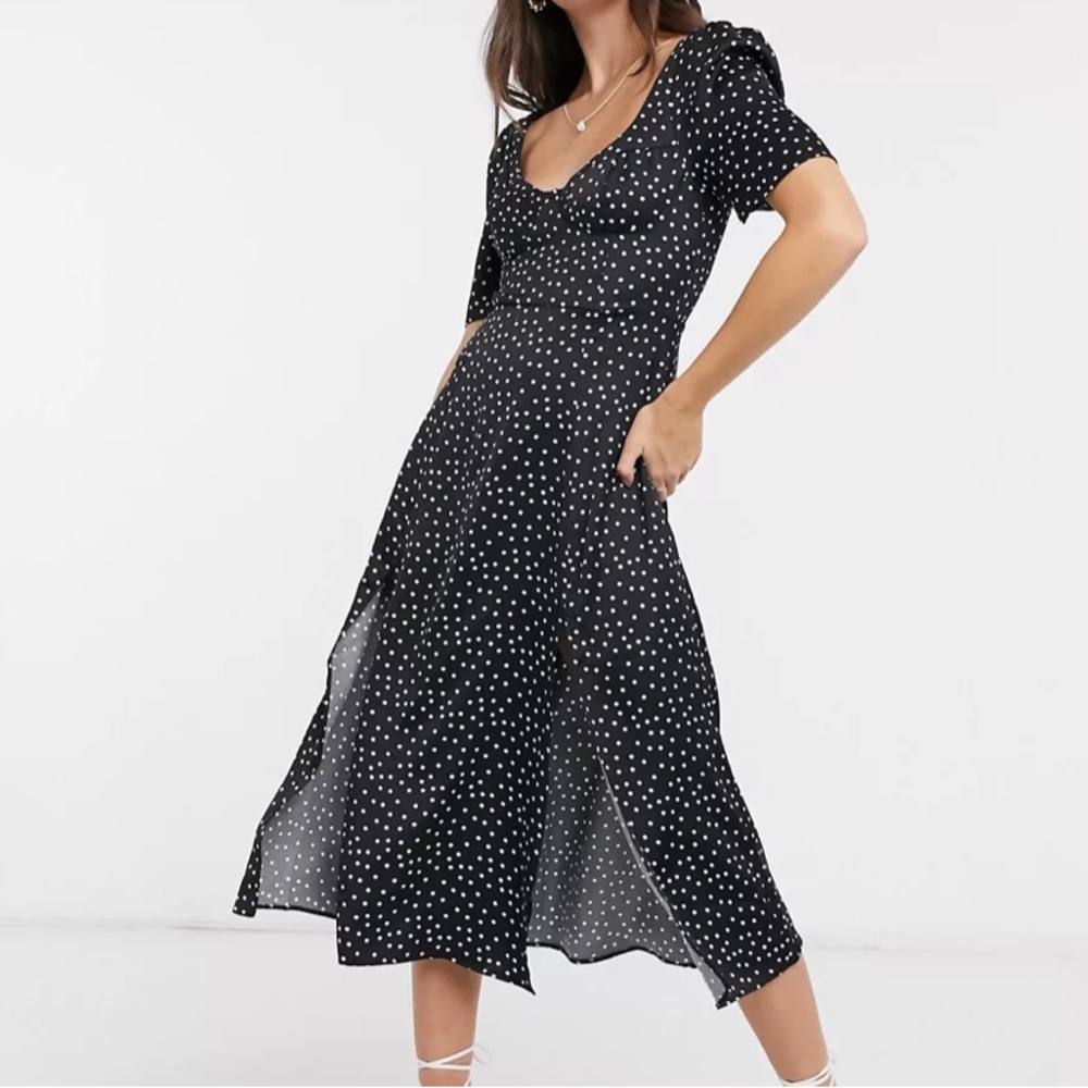 ASOS DESIGN cupped satin maxi dress with splits in black spot print